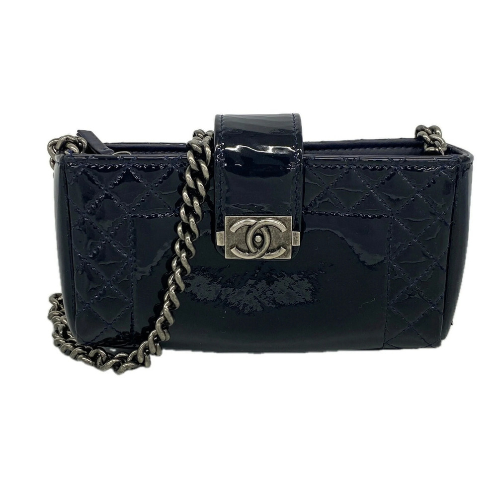 Chanel Boy Chain Shoulder Bag, Patent Leather, Navy, Women's